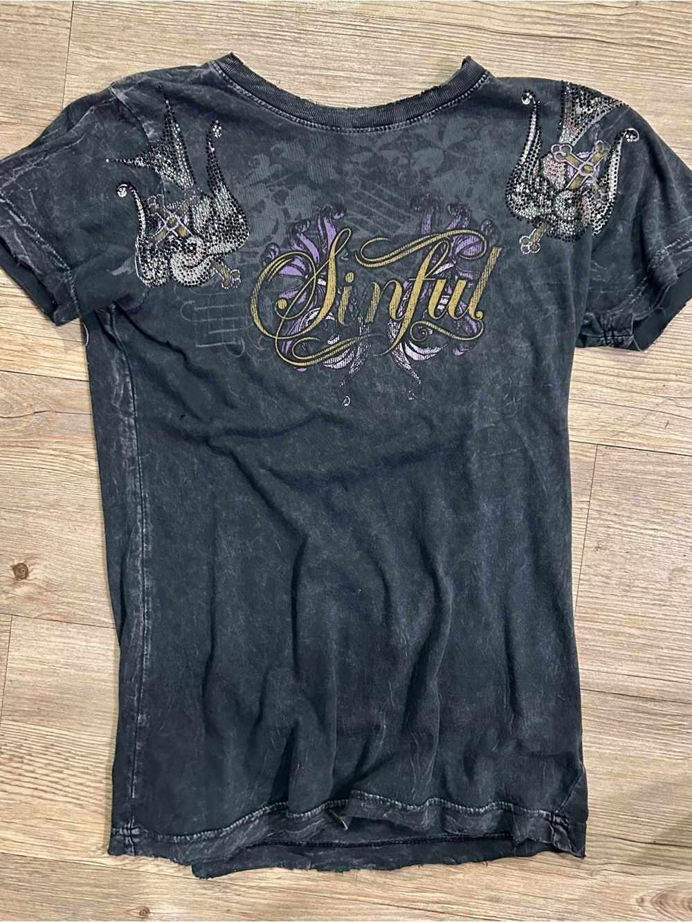 Sinful Women's Black Graphic Tee with Rhinestone Accents - Small - RARE